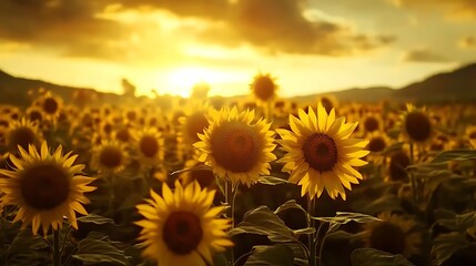 Fototapeta premium A field of sunflowers at sunset, with the sun shining brightly behind the flowers.