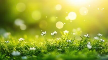 Fototapeta premium Close-up of a field with soft, green grass and tiny white flowers, illuminated by gentle sunlight.