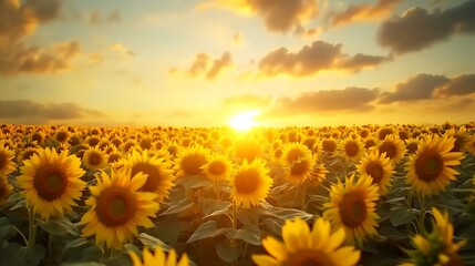 Obraz premium A field of sunflowers basking in the golden glow of a sunset.