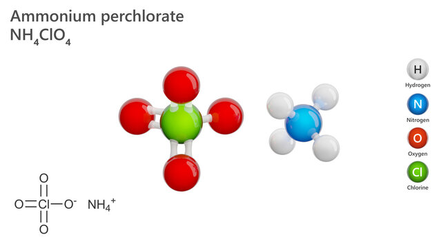Molecule: Ammonium Perchlorate. Oxidizer. Molecular structure. Formula: NH4ClO4. Chemical model: Ball and stick. White background. 3D illustration.