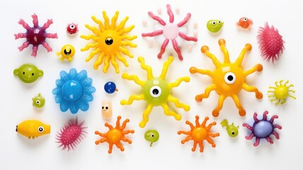 Fototapeta premium A playful assortment of colorful toy viruses and bacteria on a white background, making learning about microbiology fun.