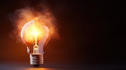 This striking image captures a single glowing light bulb with a fiery explosion effect, symbolizing energy and innovation against a dramatic dark background.