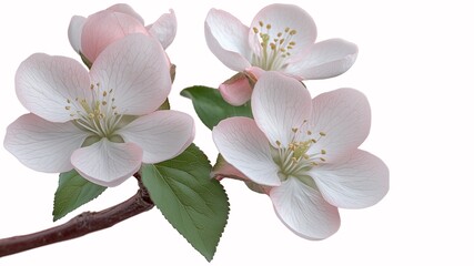 Fototapeta premium Close up view of white and pink apple tree flowers with green leaves on a branch against a plain background with space for adding text or other elements copy space image