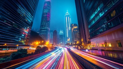 Fototapeta premium A low angle view of skyscrapers in a city with light streaks across the blue sky