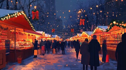Obraz premium A festive Christmas market scene with people shopping and enjoying the holiday atmosphere.