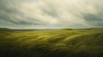 Fototapeta premium Expansive view of a green field under cloudy skies, with grass bending gently in the wind.