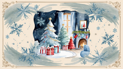 Whimsical Winter Wonderland Postcard: Cozy Christmas Magic in a Snowy Forest