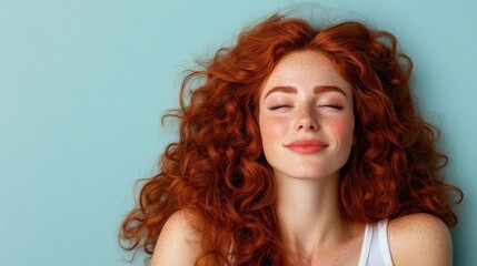 Naklejka premium Woman with vibrant red curly hair and serene closed eyes, in a contemplative mood against a blue background, conveying calmness and self-reflection.