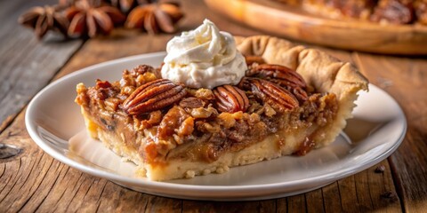 A slice of pecan pie with a dollop of whipped cream, sitting on a white plate on a wooden table.