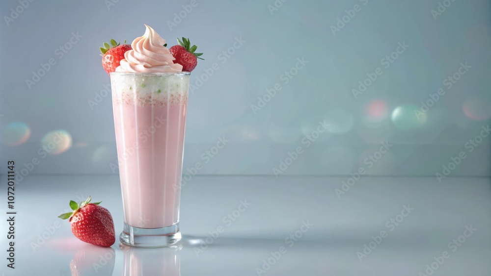 Poster a refreshing strawberry milkshake topped with whipped cream and a fresh strawberry, displayed on a w