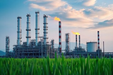 Obraz premium The photograph depicts an industrial plant with large pipes and smokestacks.