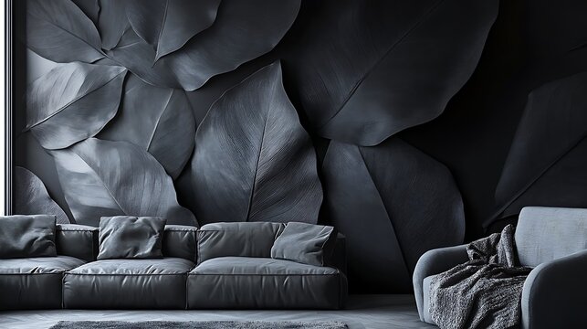 A modern living room with a dark grey wall featuring a large leaf pattern.