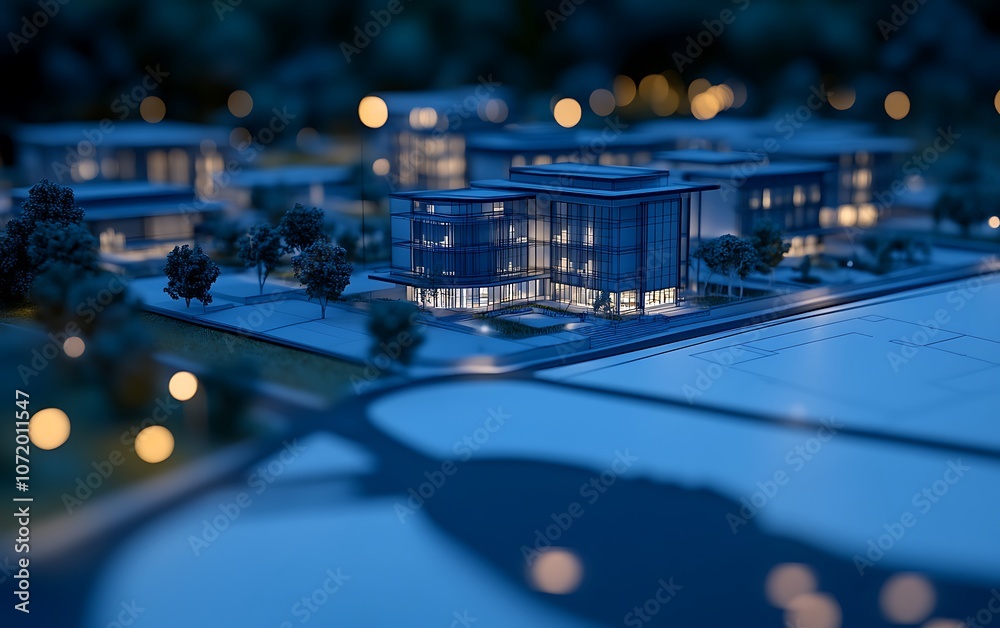 Aufkleber A serene night view of modern architecture illuminated by soft lights, surrounded by a tranquil landscape.