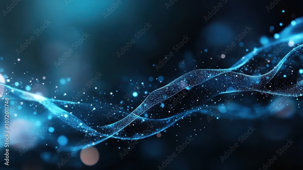 Poster a dynamic swirl of blue digital particles in a fluid wave formation creating an abstract representat