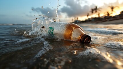 A discarded plastic bottle floats amidst a gentle ocean swell, capturing sunlight reflections in the water as a poignant reminder of environmental pollution issues.