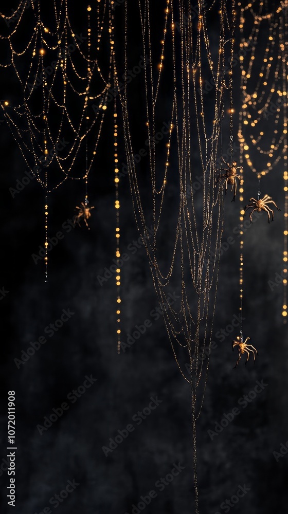 Poster a spider web with gold strings and a few spiders hanging from it