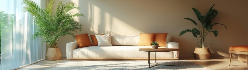 A bright, modern living room featuring a cozy sofa, vibrant plants, and warm lighting, creating a serene and inviting atmosphere.