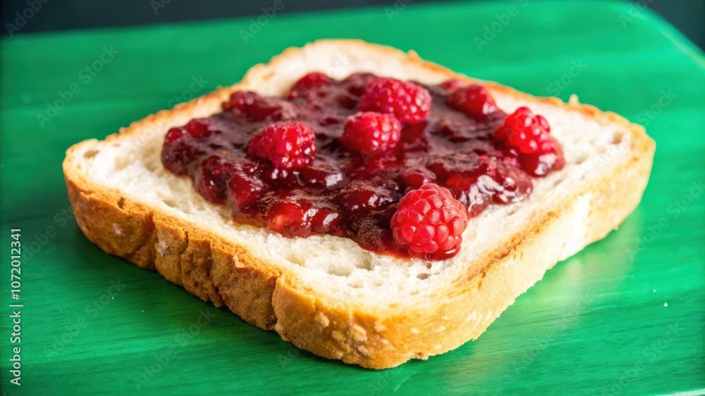 Poster A slice of bread topped with homemade raspberry jam and fresh raspberries, creating a delicious and visually appealing breakfast treat.