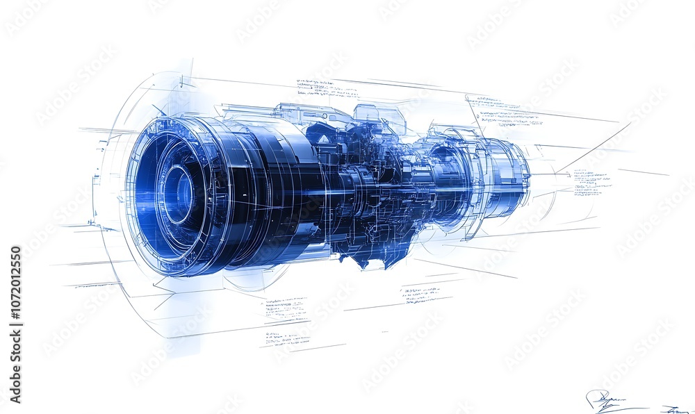 Aufkleber a futuristic engine design rendered in blue tones, emphasizing technological innovation and complex 