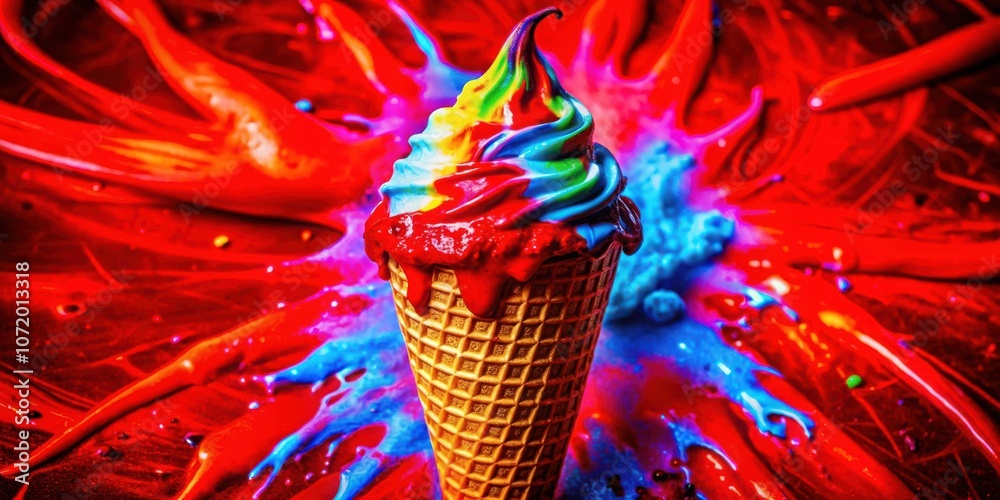 Poster a vibrant rainbow ice cream cone melting into a colorful explosion of red and blue swirls.