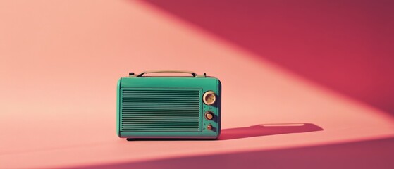 A teal retro radio sits on a pink surface with dramatic lighting, evoking a playful blend of...