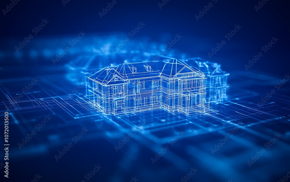 Leinwandbilder a futuristic digital representation of a house, showcasing intricate lines and a glowing blue networ