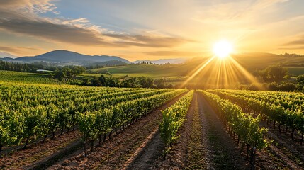Fototapeta premium A stunning sunset over a vineyard with rows of grapevines and mountains in the distance.