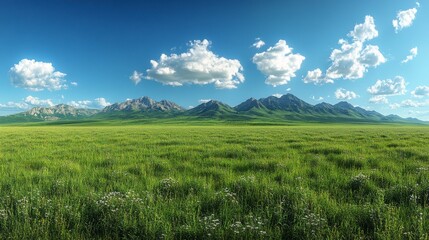 Obraz premium Vast Green Field Under Majestic Mountains