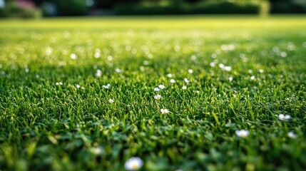 Low-angle shot of fresh, green grass blades with wildflowers sprinkled across an open field.