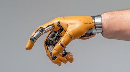 An impressive orange robotic hand crafted for high functionality, with detailed visible joint mechanics, highlighting advanced engineering and design.