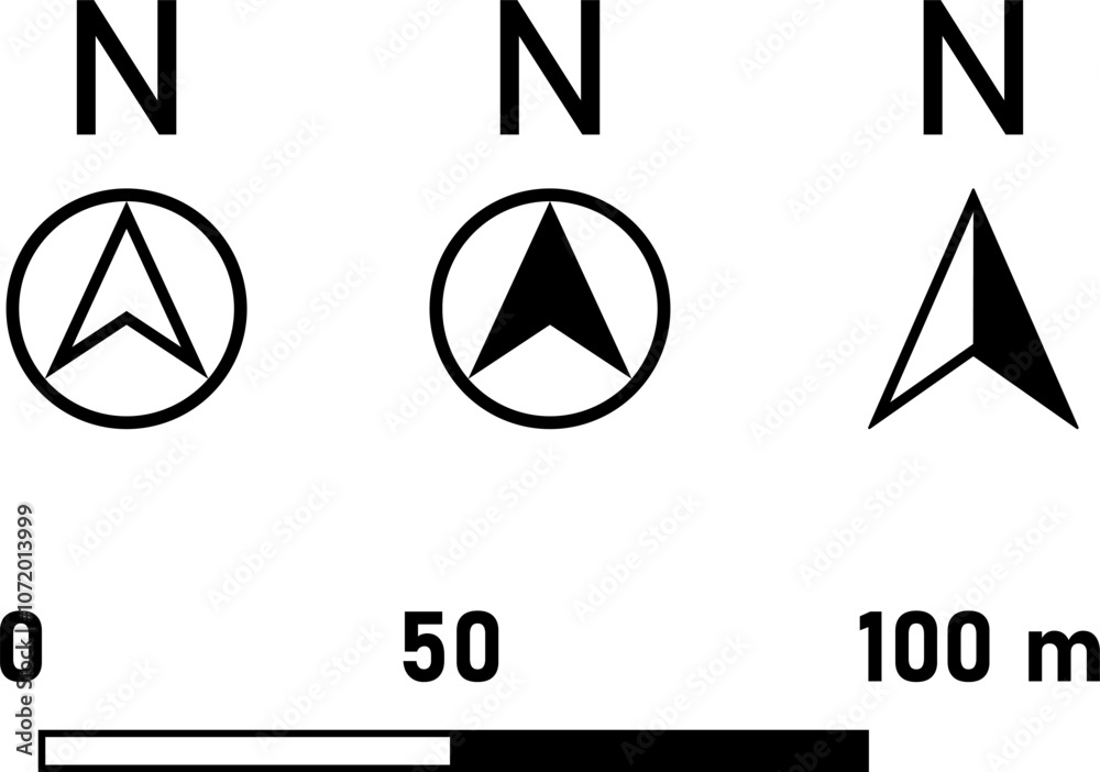 Poster basic black round north mark arrow sign symbol in circle and scale icon and linear or bar scale set 