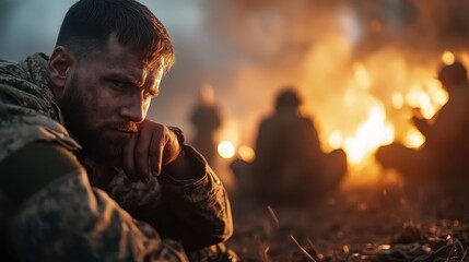 Obraz premium A soldier sits near a campfire, gazing pensively with a reflective expression, surrounded by the chaos of a distant background, underlining inner conflict.