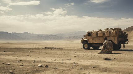 Obraz premium A soldier rests beside a military vehicle in a vast, barren desert landscape, illustrating a moment of respite amid challenging conditions.