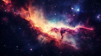 Fototapeta premium A vibrant nebula of red, orange, pink and blue glows in a dark night sky.