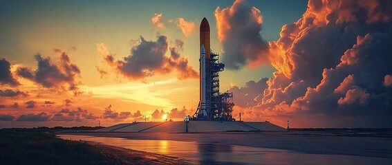 A rocket on the launch pad at dawn, with an orange and blue sky
