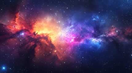 Fototapeta premium A vibrant nebula with swirling colors of red, orange, pink, and blue, scattered with bright stars, against a dark background.