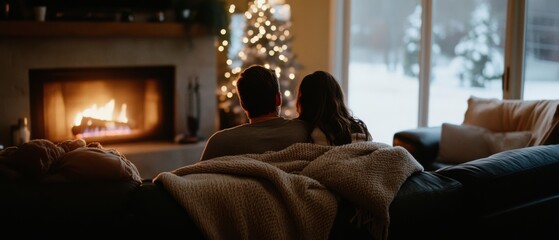 Fototapeta premium A couple cozied up under blankets by a warm fireplace, as snow blankets the outside, creating a cozy winter retreat vibe.