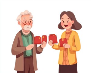 Fototapeta premium Two cheerful characters exchanging festive red envelopes, symbolizing good luck and joy.
