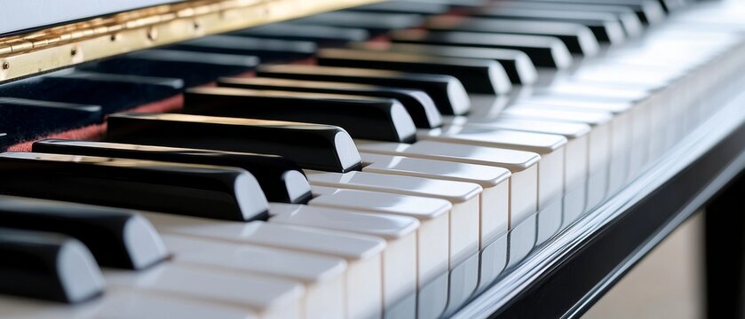 Close-up of piano keys, showcasing their elegance and inviting touch, blending harmony and art in a timeless musical instrument.
