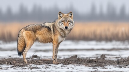 Obraz premium A lone wolf stands in a snowy field, looking directly at the camera.