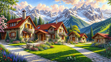 Obraz premium Idyllic countryside summer landscape with wooden old houses, beautiful flowers and trees with the Alp mountains in the background, oil painting on canvas