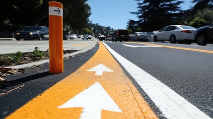 A close-up view of an orange traffic cone and painted arrows on a paved road.