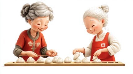 Naklejka premium Two happy grandmothers preparing traditional dumplings together with joy.