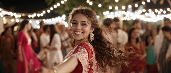 Obraz premium A woman radiates joy and dance at a vibrant evening celebration under twinkling lights, adorned in festive attire with a backdrop of revelry.