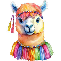 Colorful llama wearing vibrant accessories, friendly expression, isolated on white background.