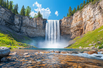 Fototapeta premium Waterfall flowing into a tranquil lake in a forest