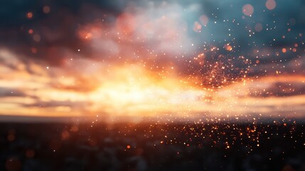 Fototapeta premium A breathtaking view with sparkling particles illuminating a dramatic sunset sky, creating a magical and ethereal atmosphere full of wonder and beauty.