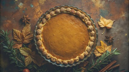 Fototapeta premium A rustic autumnal still life featuring a homemade pumpkin pie surrounded by fall foliage, cinnamon sticks, and star anise.