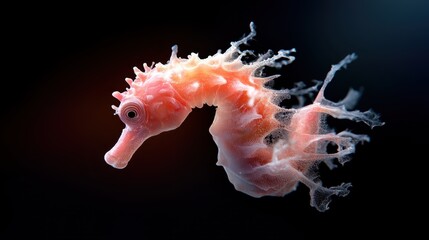 A delicate pink seahorse seems to hover and flow within the shadows of the deep sea, under an enigmatic oceanic environment highlighted by soft light.