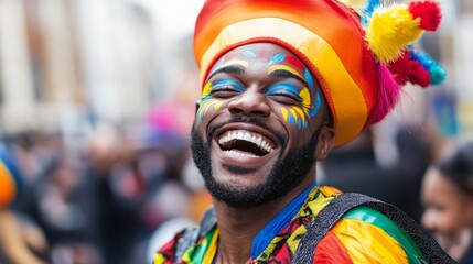 Man with a colorful hat and face paint is smiling and laughing. He is surrounded by a crowd of people, some of whom are also wearing colorful clothing. The atmosphere is lively and festive